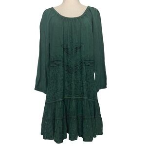 The Pyramid Collection Womens L Tunic Top Green Embroidered Tiered Boho Fairy